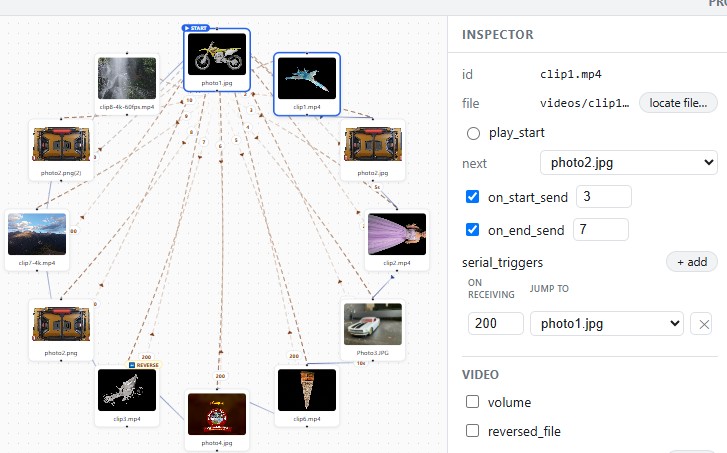 HoloQ Author playlist editor — canvas with connected media items and the Item Inspector panel