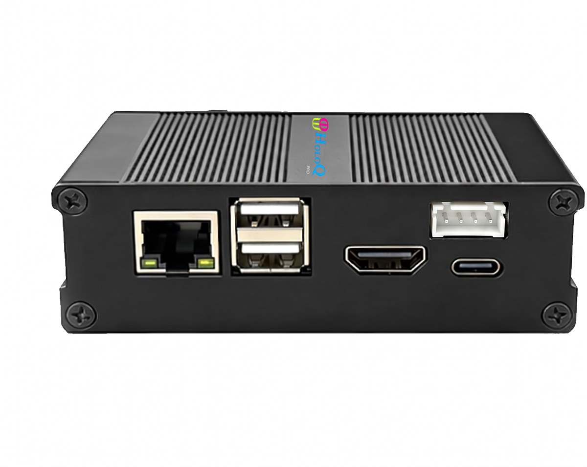 HoloQ Player Pro in optional protective enclosure — Ethernet, USB, HDMI, UART, and USB-C power ports