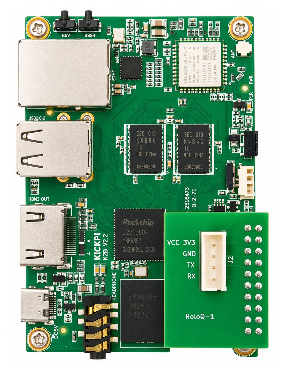 HoloQ Player board, KICKPI K2B with HoloQ-1 UART daughterboard