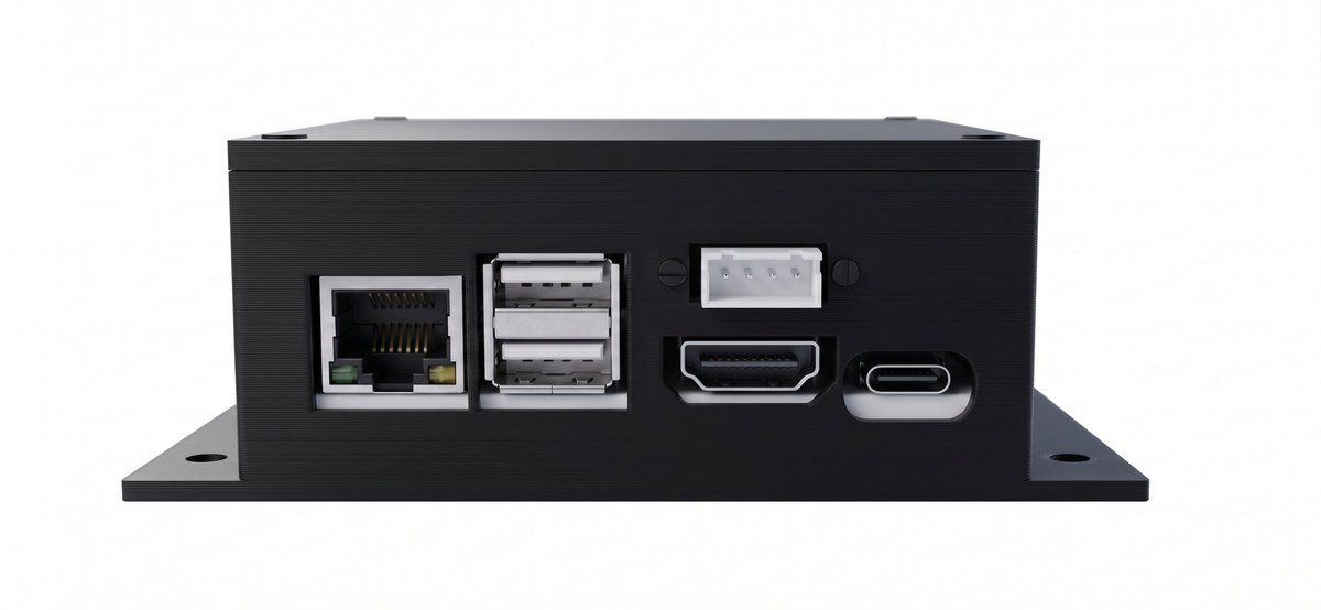 Front of the HoloQ Player enclosure: Ethernet, two USB 2.0 ports, UART header, HDMI out, and USB-C power